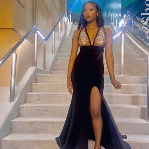 Bedazzled, mesh top,  long dress